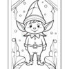 A black and white line drawing of a festive elf with pointy ears and a hat, smiling while standing among snowflakes and decorative foliage.