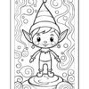 A line drawing of a cheerful elf standing on a circular platform with arms outstretched. The elf has pointed ears, a floppy hat with stripes, and a simple outfit. The background features swirling patterns and bubbles.