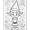 A cartoonish elf character with a pointed hat, standing confidently with hands on hips, surrounded by swirling patterns and bubbles in a coloring page format.