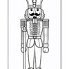 A black and white coloring page featuring a nutcracker soldier with a mustache, holding a sword, and dressed in a detailed uniform with buttons and a plume on the hat.