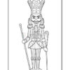 Line art illustration of a nutcracker soldier wearing a crown, holding a cane, with detailed costume and facial features, suitable for coloring.