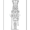 Line art illustration of a nutcracker soldier wearing a crown, detailed uniform, and holding a staff, designed for coloring.