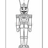 A black and white line drawing of a nutcracker soldier, featuring a tall hat, a mustache, and a uniform with buttons, standing on a base.