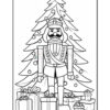 A black and white coloring sheet featuring a nutcracker standing in front of a decorated Christmas tree, surrounded by festive gifts.