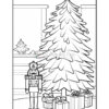 A black and white coloring page featuring a decorated Christmas tree, a nutcracker soldier standing beside it, and several wrapped gifts on the floor, with a window and a small Christmas tree visible in the background.
