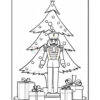 A black and white coloring page featuring a nutcracker standing in front of a decorated Christmas tree, surrounded by wrapped gifts on a circular platform.