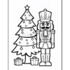 Black and white coloring page featuring a nutcracker figure standing next to a decorated Christmas tree with ornaments and two present boxes beneath the tree.
