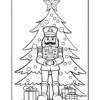Black and white coloring page featuring a Nutcracker soldier standing in front of a decorated Christmas tree with ornaments and presents below it.