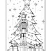 A black and white coloring page featuring a nutcracker figure standing in front of a decorated Christmas tree, surrounded by stars and gift boxes at the base of the tree.