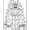 A black and white coloring page featuring a nutcracker soldier standing in front of a decorated Christmas tree surrounded by wrapped presents.