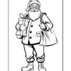 A coloring page illustration of a Santa Claus character with a long beard, wearing glasses, a festive hat, and holding a wrapped gift and a shopping bag. He is depicted in black and white, designed for coloring.