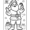 A line drawing of Santa Claus waving and holding a candy cane, surrounded by gifts and stars, designed for coloring.