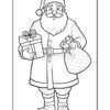 A black and white coloring page of Santa Claus holding two presents and a bag full of gifts, wearing his traditional outfit with a hat and boots.