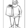 A black and white outline drawing of a jolly Santa Claus holding a large gift bag with wrapped presents peeking out. He has a bushy beard, round glasses, and is wearing a Santa hat, a thick sweater, and sturdy boots.