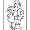 A black and white coloring page featuring a cheerful young girl with a hat and an elf standing next to a smiling bearded man in an elf costume, both positioned in a friendly pose.