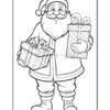 A coloring page featuring a cheerful Santa Claus holding two wrapped gift boxes, outlined for coloring. He has a big beard and is wearing a Santa hat and a traditional red suit.