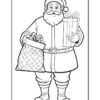 A black and white outline illustration of Santa Claus holding a bag filled with gifts and a present in his other hand, featuring a classic Christmas design suitable for coloring.