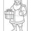 A black and white line drawing of a cheerful Santa Claus holding a wrapped gift in one hand, wearing a traditional red outfit with white trim and a matching hat.