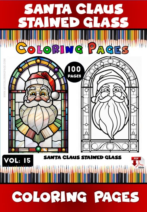 Santa Claus Stained Glass Coloring Pages VOL 15 - 100 Festive Designs