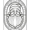 A blackline drawing of a jolly Santa Claus with a large beard and a hat, framed within an ornate oval border featuring decorative elements like spheres and lines, resembling a stained glass design.