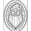 A black and white illustration of Santa Claus's face, featuring a large beard and wearing a Christmas hat, surrounded by an ornate oval border with decorative patterns.