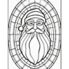 A black and white outline illustration of Santa Claus' face with a long beard and a Santa hat, enclosed in an oval frame resembling stained glass patterns.