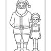 A black and white coloring page featuring a smiling Santa Claus with a beard and a young elf with pointy ears, both standing together and wearing festive outfits.