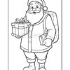 A black and white outline of Santa Claus standing with a gift and a sack on his back, depicted in a playful coloring sheet style.