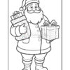 A black and white line drawing of Santa Claus holding two gift boxes, one decorated with polka dots and the other with a bow, set against a plain background.