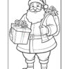 A cartoon-style outline drawing of Santa Claus holding a gift box and a sack of presents, wearing his traditional red suit, hat, and black boots, suitable for coloring.