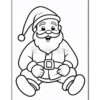 A black and white outline illustration of a cheerful Santa Claus sitting down, wearing a Santa hat and traditional outfit with a belt, smiling at the viewer.
