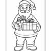 A black and white illustration of a smiling Santa Claus holding two wrapped gifts, wearing a hat and a winter outfit, suitable for coloring activities.