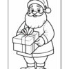 A cartoon Santa Claus character holding a wrapped gift with a bow, outlined for coloring, standing against a blank background.