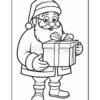 A cartoon-style line drawing of Santa Claus holding a wrapped gift, featuring a jolly expression, round glasses, a fluffy beard, and wearing a traditional red Santa suit with black boots.