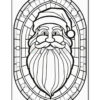 A black and white line art coloring page featuring a festive Santa Claus face within a decorative oval frame, complete with a hat and a detailed beard.