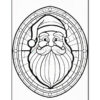 Black and white line drawing of Santa Claus's face within a decorative circular frame, featuring a large beard, playful expression, and a Santa hat.