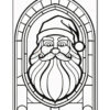 Black and white outline illustration of a Santa Claus face, featuring a large beard, a hat, and round glasses, framed within an ornate decorative border.