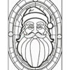 Black and white coloring page featuring a jolly Santa Claus with a detailed beard, wearing a Santa hat, set within an ornate oval frame.