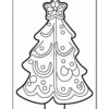 A black and white outline drawing of a decorated Christmas tree, featuring a star on top and various ornament shapes on the branches, designed for coloring.