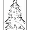 A black and white outline of a Christmas tree with decorations, including circles and stripes, ready for coloring.