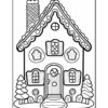 A line drawing of a whimsical, gingerbread-style house with a decorated roof, windows, and a door, surrounded by trees and bushes, suitable for coloring.