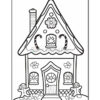 A black and white outline illustration of a gingerbread house decorated with a peaked roof, windows, and candy canes, along with two gingerbread figures standing on either side of the entrance, suitable for coloring.