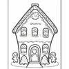 A black and white outline drawing of a gingerbread house, featuring a peaked roof adorned with decorative elements, two smiling gingerbread figures on either side, and colorful candy-like decorations on the windows and door.
