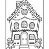 A black and white outline of a gingerbread house with decorative elements, including candy details and two gingerbread people on either side of the door.