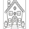 A black and white outline illustration of a gingerbread house with a chimney, two windows, a door adorned with a decorative wreath, and gingerbread men standing on either side of the entrance, all set on a simple pathway.