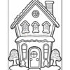 A black-and-white outline illustration of a whimsical house with a sloped roof, two windows, and a door, flanked by two stylized trees and gingerbread figures in front, suitable for coloring.
