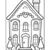 A black and white outline of a house with a sloped roof, two stories, large windows, a central door, and trees in the front yard, designed for coloring.