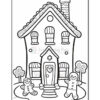 A black and white line drawing of a gingerbread house with candy details, two gingerbread people on the front lawn, and trees in the background, designed for coloring.