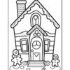 A black and white outline drawing of a gingerbread house with a door, windows, and a sloped roof, accompanied by two gingerbread men standing on a path with small decorative stones.