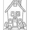 Black-and-white outline drawing of a quaint house with a star-shaped door, surrounded by decorative trees and bushes, suitable for coloring.